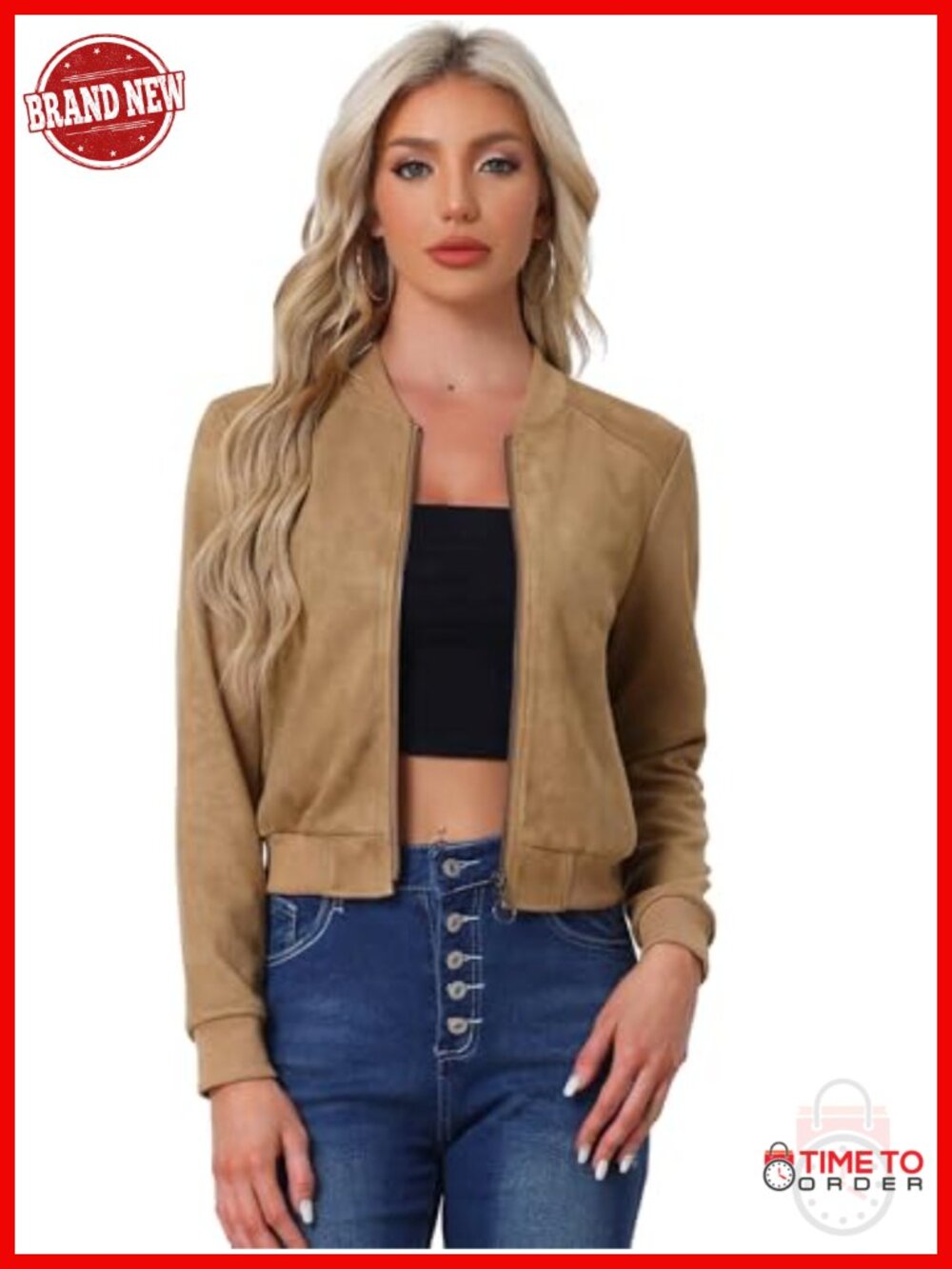 Faux Suede Cropped Motorcycle Bomber Jacket with Stand Collar Zip Up